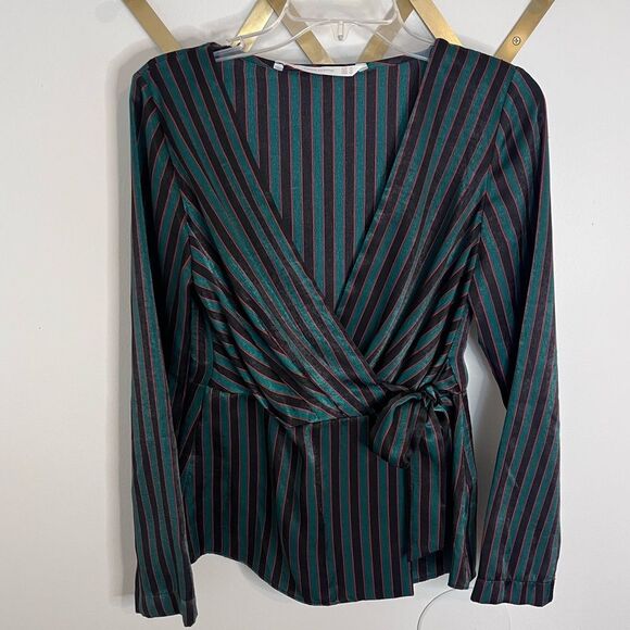 Zara Striped Sateen Wrap Blouse Medium Black - Picture 3 of 9